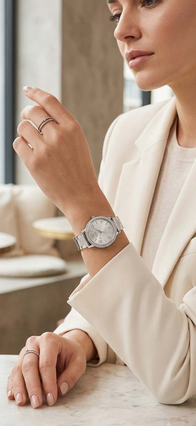 Guess Tri Luxe Damenuhr Elegante Edelstahluhr in Silber