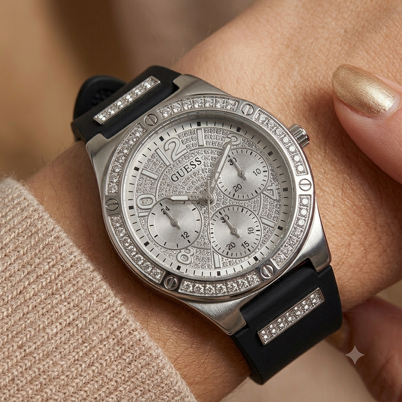 Guess Duchess  Damenuhr Elegante Multifunktionsuhr mit Silikonarmband
