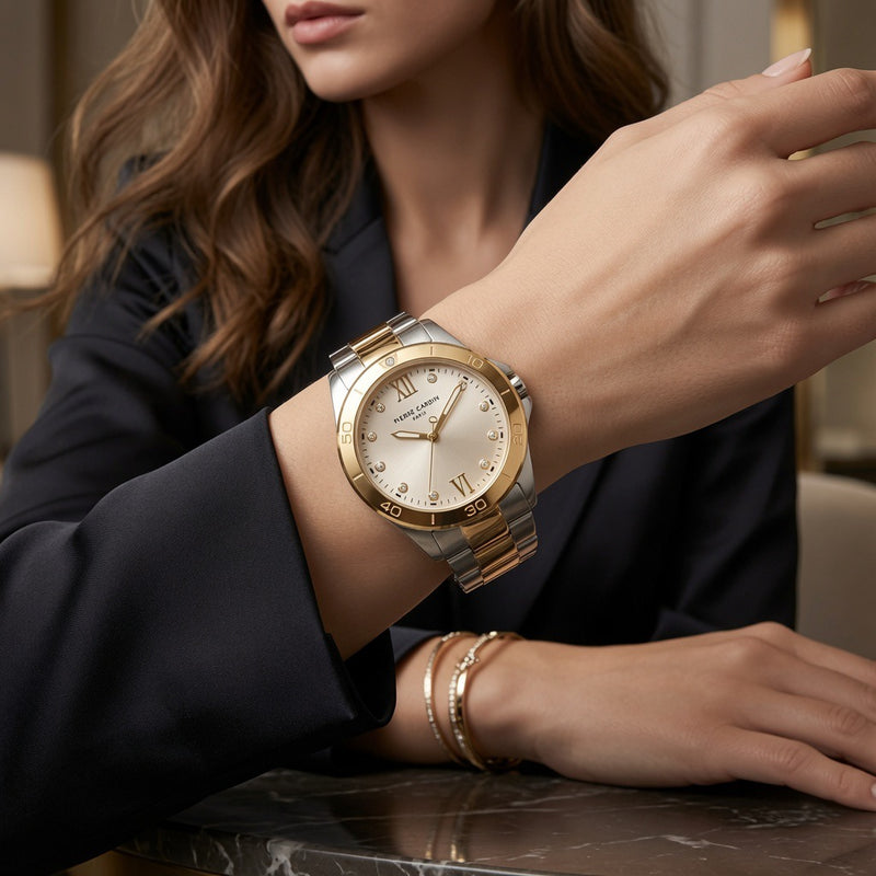 Pierre Cardin Damenuhr CF.1009 - Bicolor Edelstahl Gold/Silber mit Kristall-Ziffernblatt