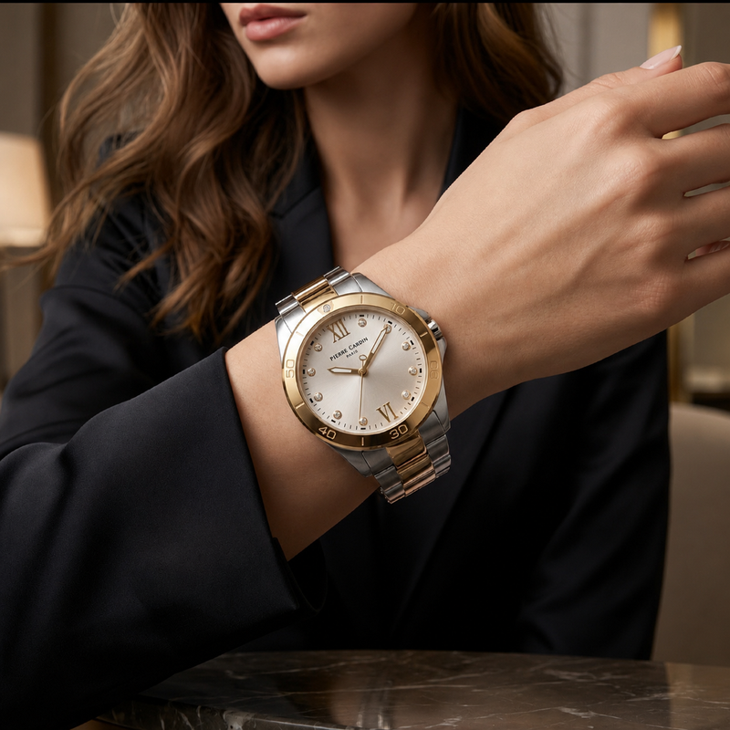 Pierre Cardin Damenuhr CF.1009 - Bicolor Edelstahl Gold/Silber mit Kristall-Ziffernblatt